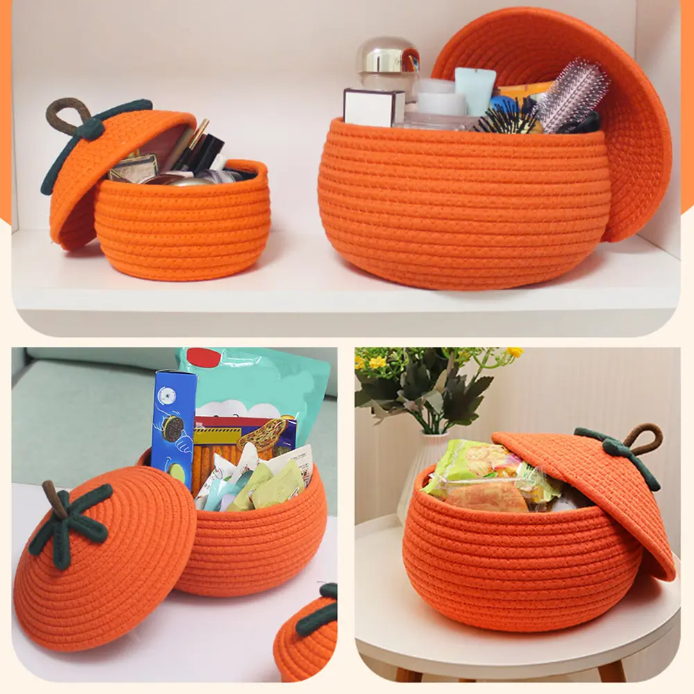 Halloween Woven Pumpkin Basket with Lid Pumpkin Gift Basket Multi-Function Candy Basket Decorative for Candy Snacks Toys