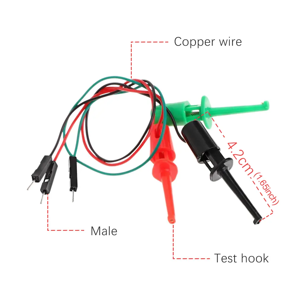 3pcs Hook Type Test Clip Probes Instrumentation for Electronic Testing Transistor Tester with Male Head DuPont Line Repair Tools