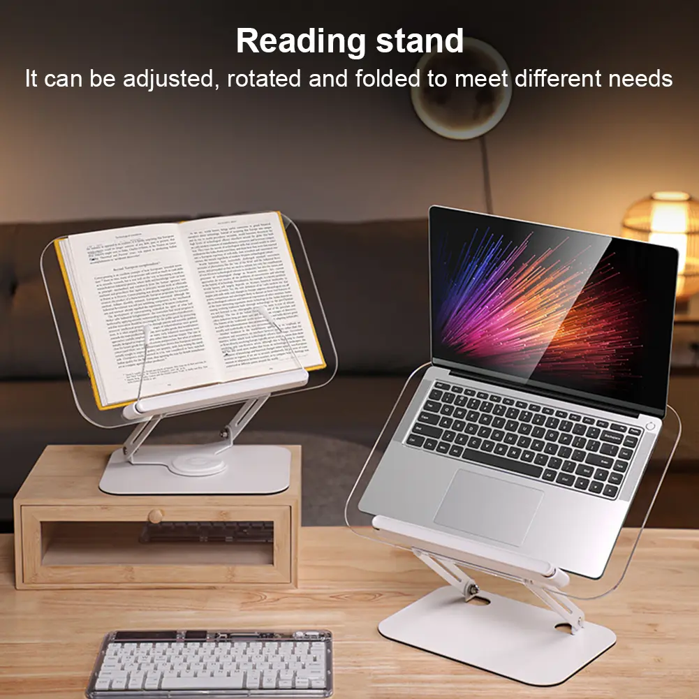 Acrylic Book Stand for Reading with 360 Degree Rotating Base Foldable Desktop Riser Cookbook Stand for Laptop Recipe Textbook