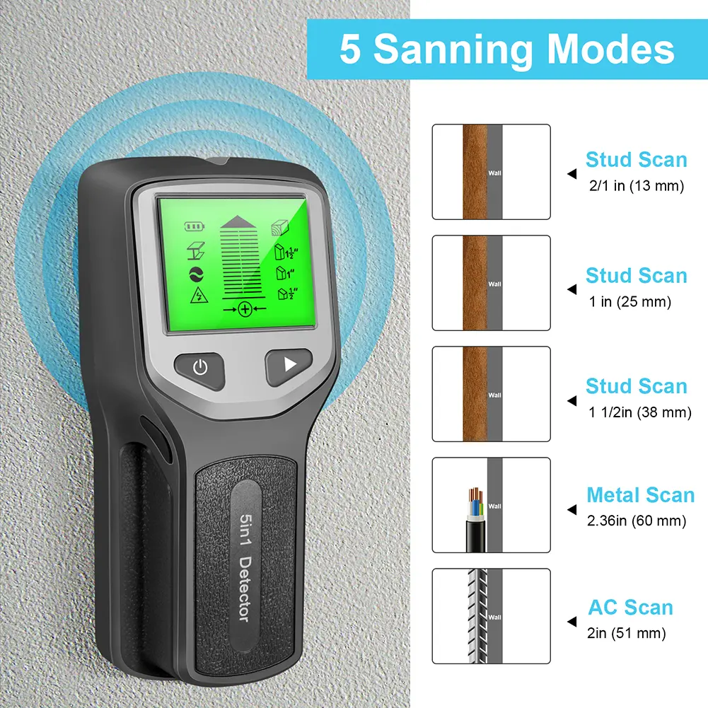 5 in 1 Stud Metal Detector Studs Finder Sensor Wall Scanner LCD Digital AC Wiring Cable Detector Tester
