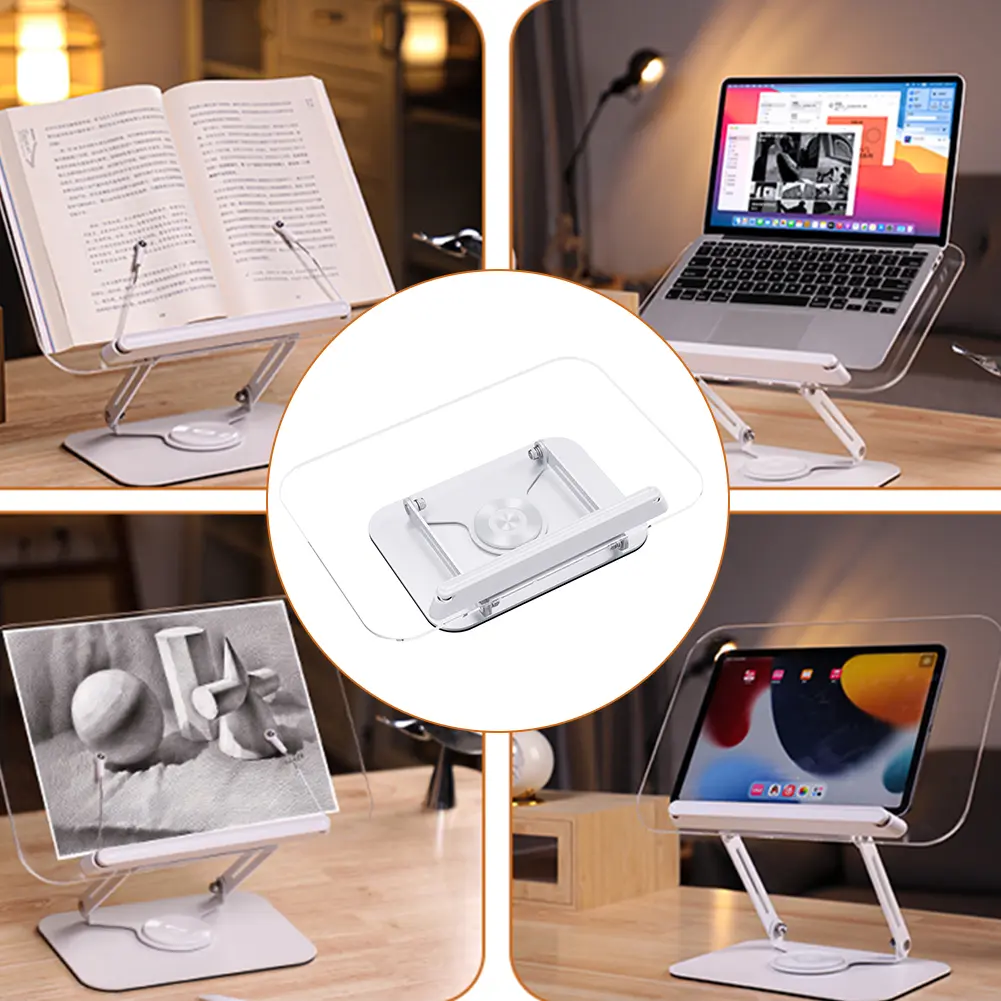 Acrylic Book Stand for Reading with 360 Degree Rotating Base Foldable Desktop Riser Cookbook Stand for Laptop Recipe Textbook