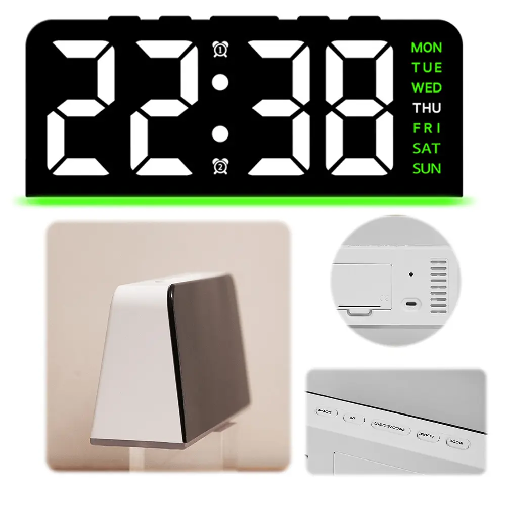 LED Digital Alarm Clock Electronic Wall Clock Large Number Display Boarderless Wall-mounted Clock Multifunctional for Students