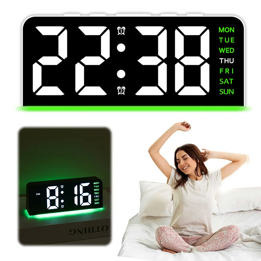 LED Digital Alarm Clock Electronic Wall Clock Large Number Display Boarderless Wall-mounted Clock Multifunctional for Students