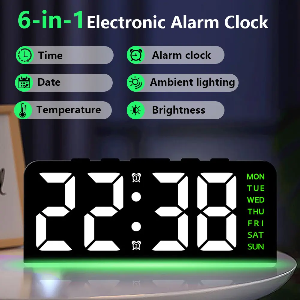 LED Digital Alarm Clock Electronic Wall Clock Large Number Display Boarderless Wall-mounted Clock Multifunctional for Students