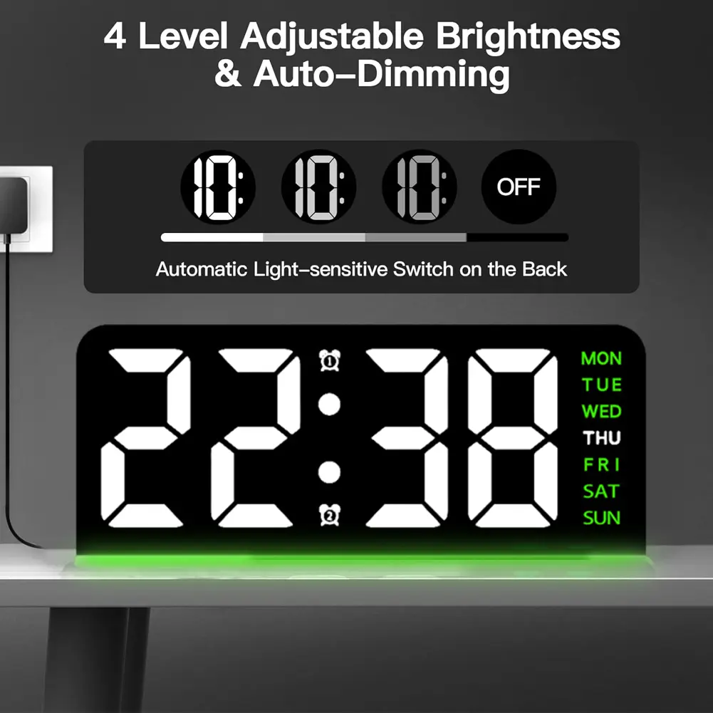 LED Digital Alarm Clock Electronic Wall Clock Large Number Display Boarderless Wall-mounted Clock Multifunctional for Students