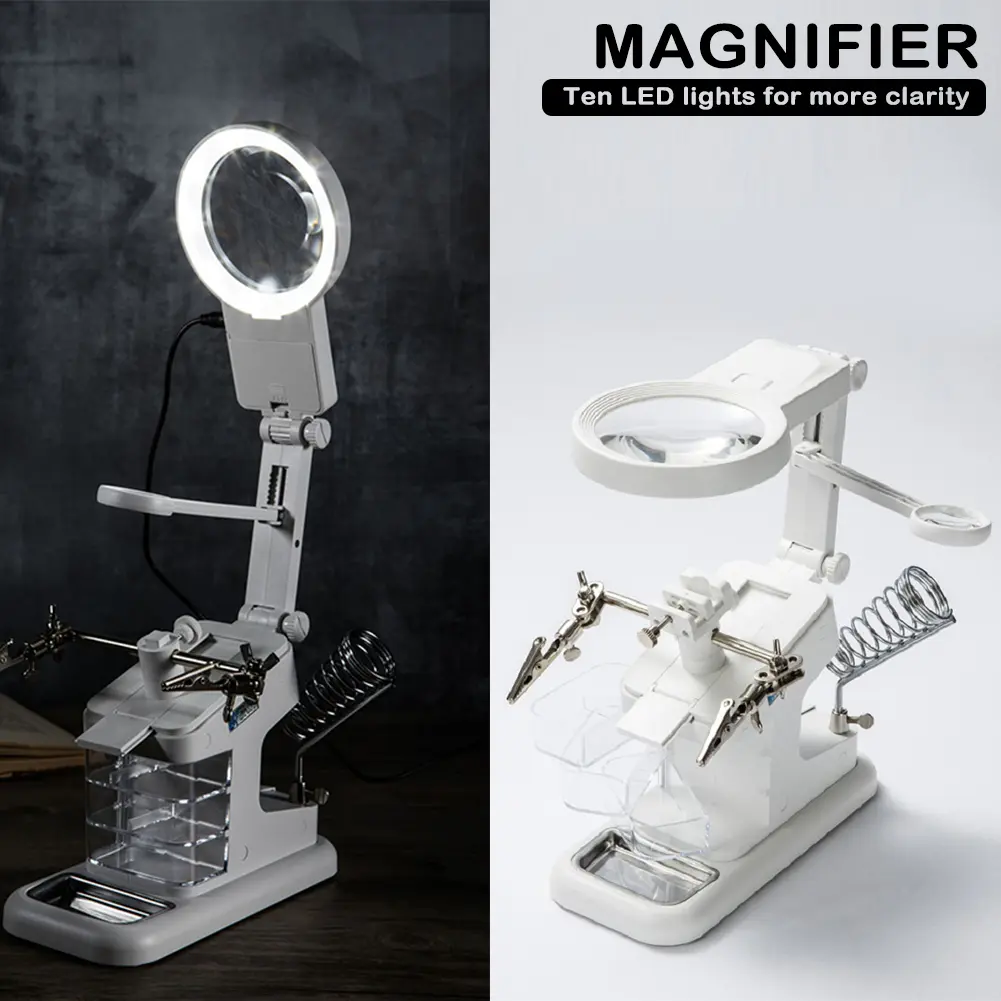 Magnifying Glass Clip Clamp Desktop Repair Tool Welding Magnifying Glass with 10 LED Light Auxiliary Clip Soldering
