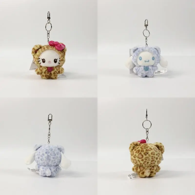 Sanrio Leopard Print Bear Hello Kitty Keychain Kuromi Cinnamoroll Bag Pendant My Melody Plush Doll Toys Decoration Gift for Girl