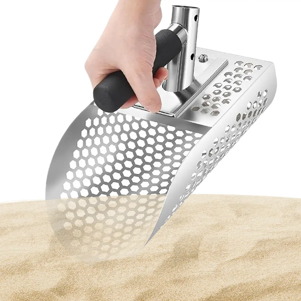 Stainless Steel Sand Scoop Metal Detecting Tool Adjustable Length Handle Digging Shovel Multi-Function for Underwater Backyard
