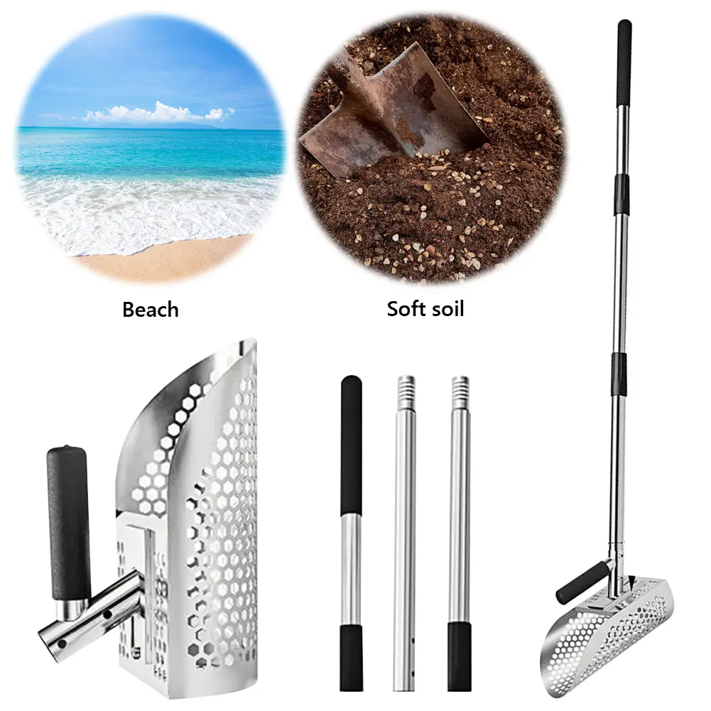 Stainless Steel Sand Scoop Metal Detecting Tool Adjustable Length Handle Digging Shovel Multi-Function for Underwater Backyard