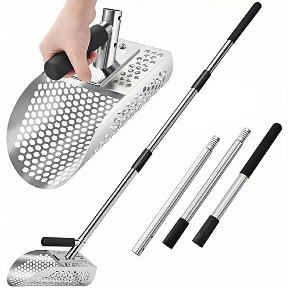 Stainless Steel Sand Scoop Metal Detecting Tool Adjustable Length Handle Digging Shovel Multi-Function for Underwater Backyard