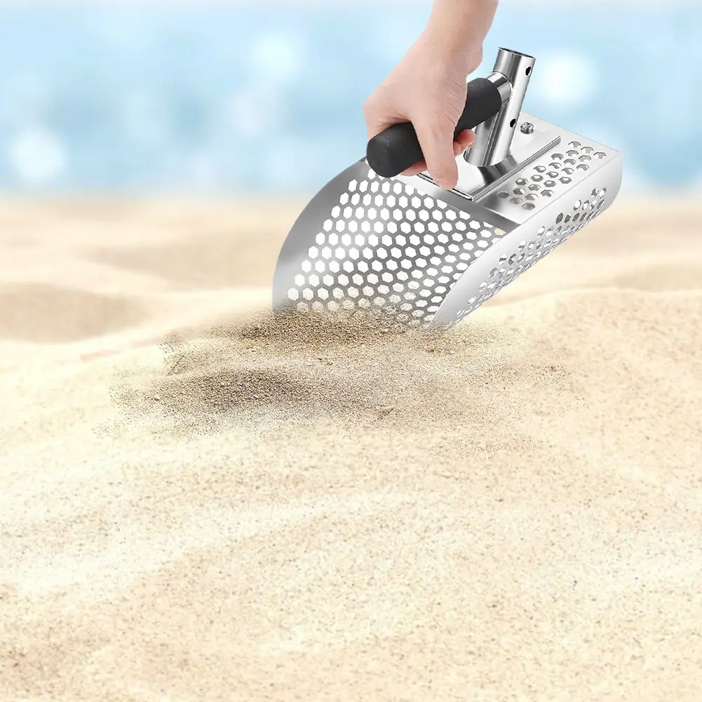 Stainless Steel Sand Scoop Metal Detecting Tool Adjustable Length Handle Digging Shovel Multi-Function for Underwater Backyard