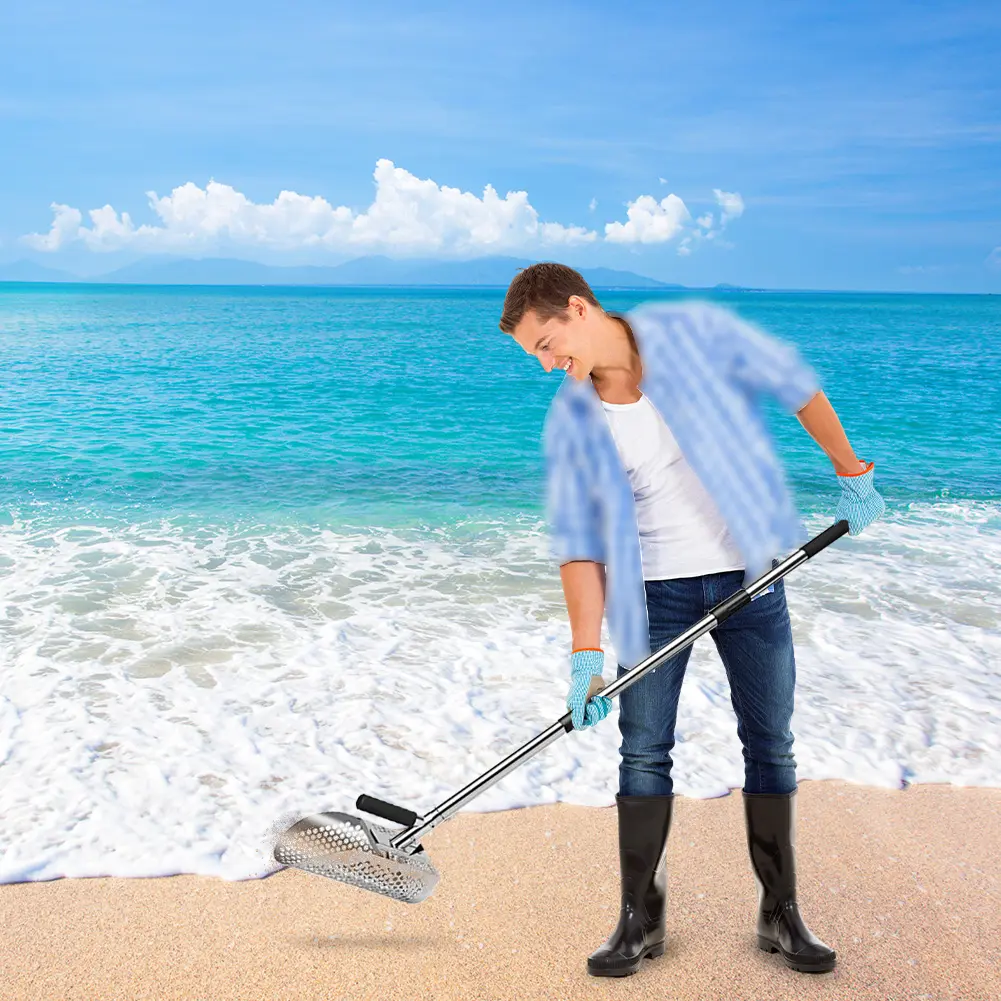 Stainless Steel Sand Scoop Metal Detecting Tool Adjustable Length Handle Digging Shovel Multi-Function for Underwater Backyard