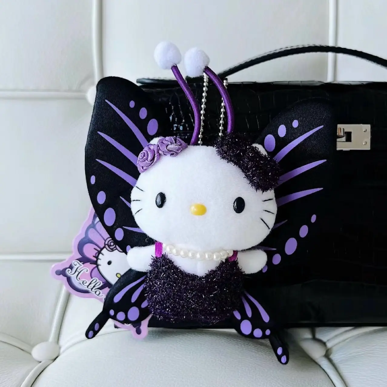 Sanrio Kawaii Butterfly Fairy Hello Kitty Black Leather Angel Wings Doll Pendant Children's Valentine's Day Birthday Gift