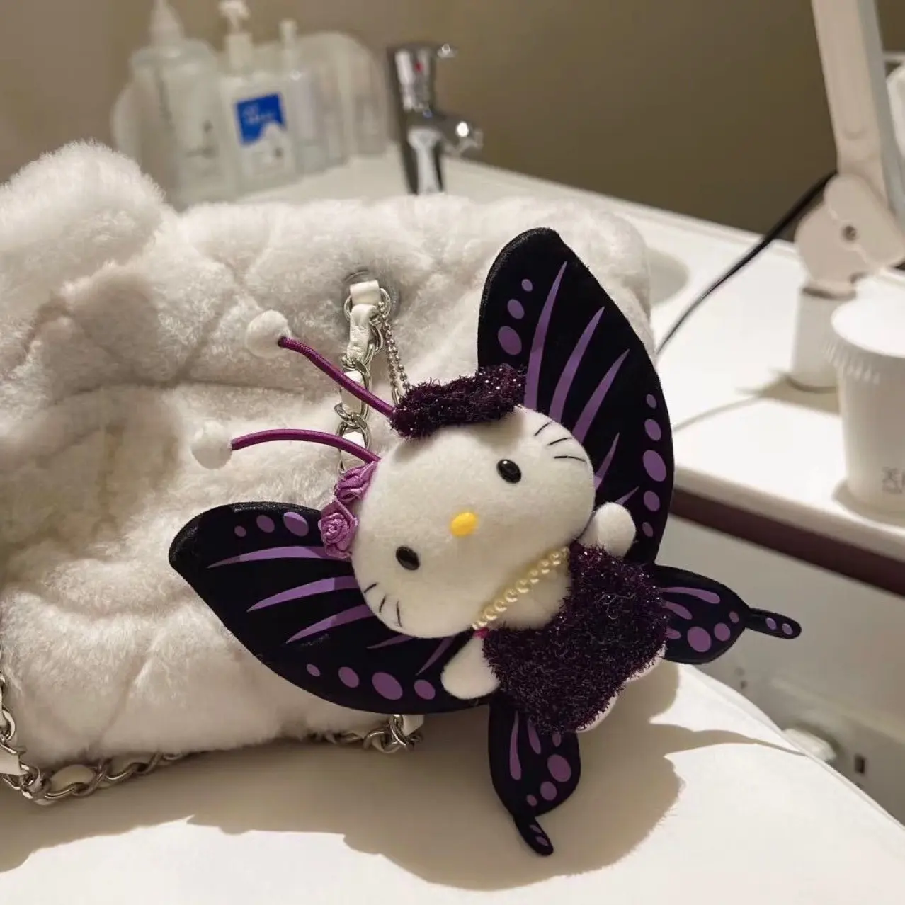 Sanrio Kawaii Butterfly Fairy Hello Kitty Black Leather Angel Wings Doll Pendant Children's Valentine's Day Birthday Gift