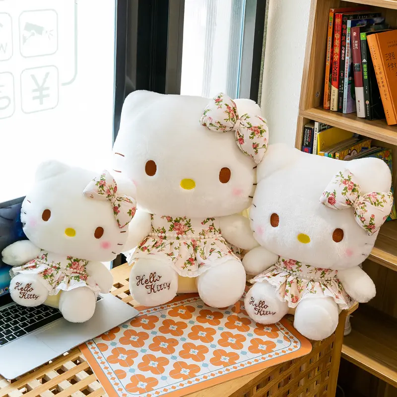 Sanrio Plush Toys Hello Kitty Cat Cartoon Cute Pillow Girlfriend Gift Flower Dress Children's Birthday Gift Decoration Doll