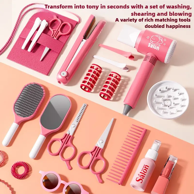 Girls Beauty Salon Set Kids Hair Beauty Makeup Set Simulation Hair Dryer Fashion Styling Tool Pretend Play House Gift Fun Game