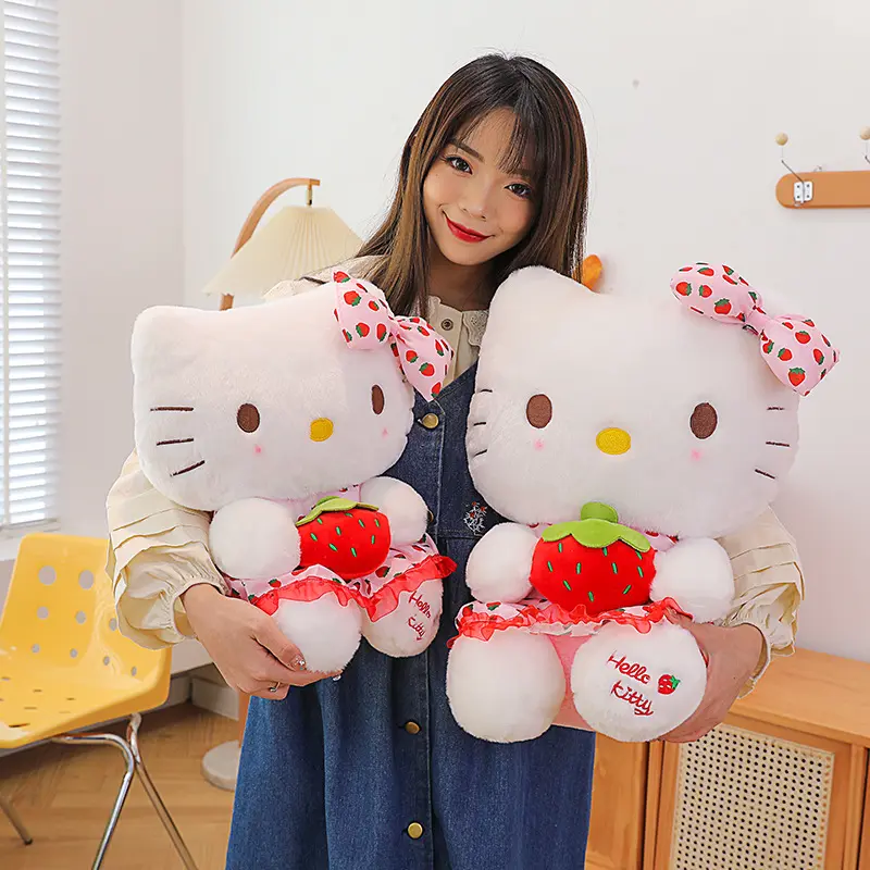 New Sanrio Doll Cute Strawberry KT Cat Plush Stuffed Toy HelloKitty Children's Pillow Girlfriend Gift Kawaii Room Decoration