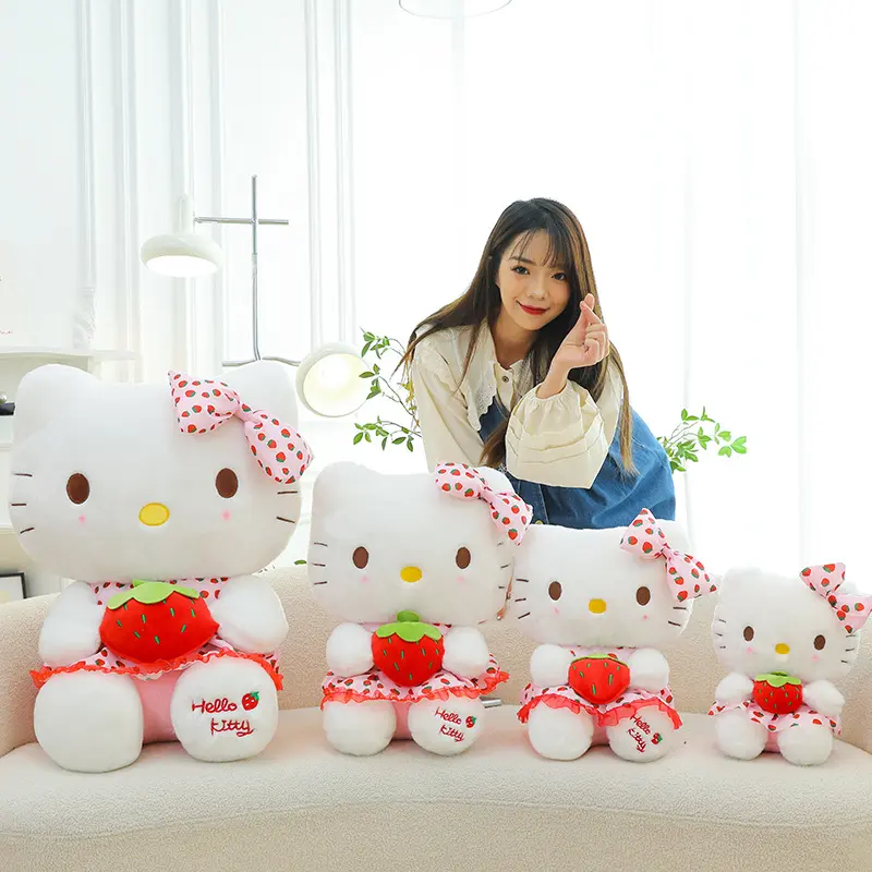 New Sanrio Doll Cute Strawberry KT Cat Plush Stuffed Toy HelloKitty Children's Pillow Girlfriend Gift Kawaii Room Decoration
