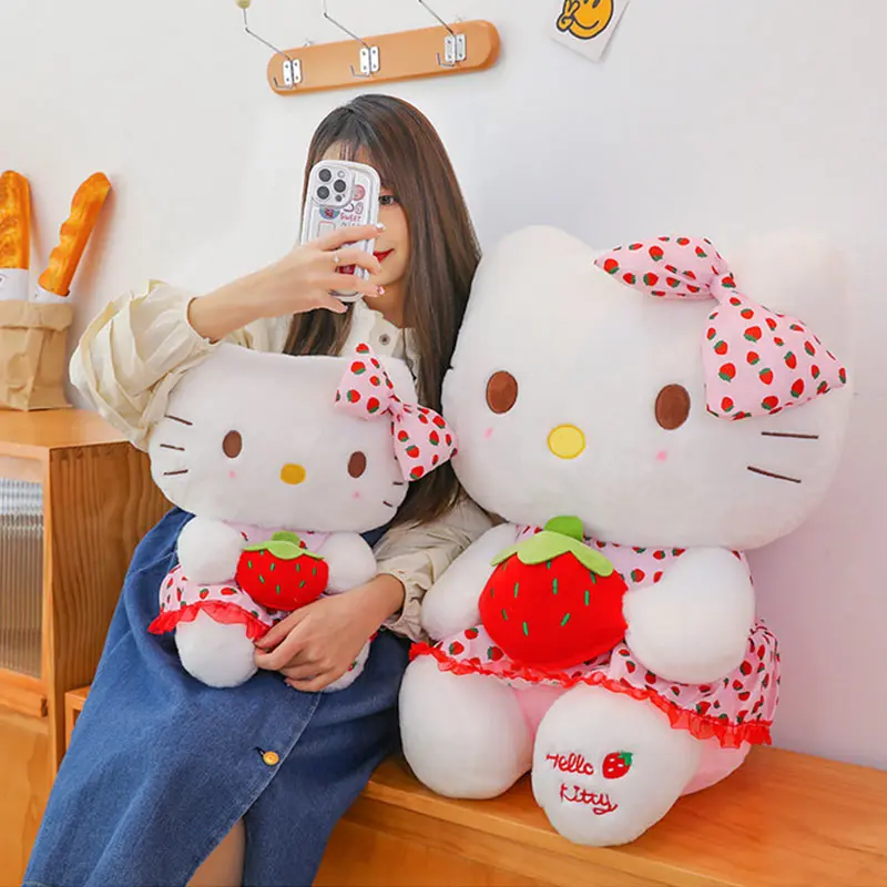 New Sanrio Doll Cute Strawberry KT Cat Plush Stuffed Toy HelloKitty Children's Pillow Girlfriend Gift Kawaii Room Decoration