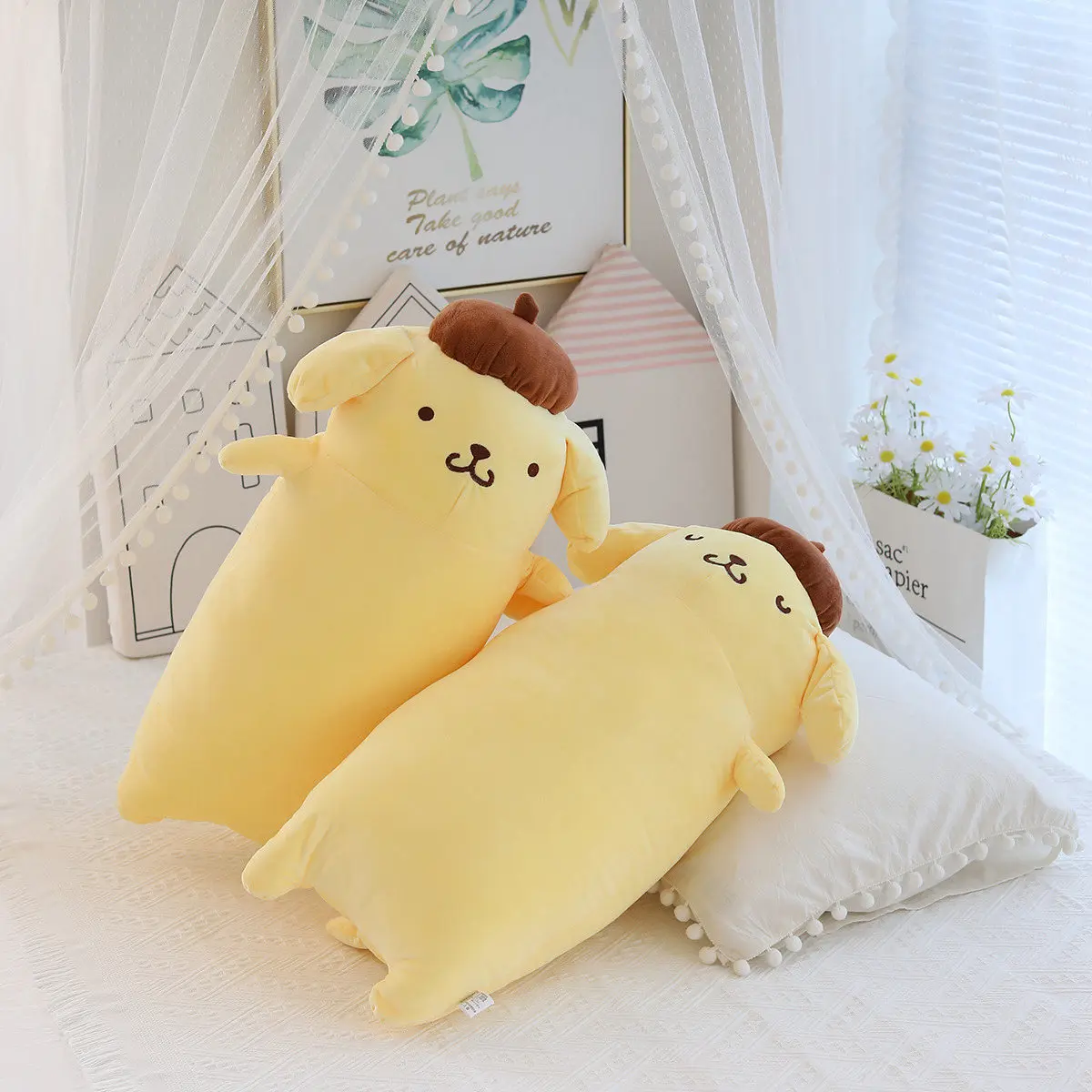 42/65cm Very Long Sanrio Pom Pom Puirn Plush Toys Kawaii Sanrio Pompompurin Stuffed Dolls Room Decor Bedside Cushion Sofa Pillow