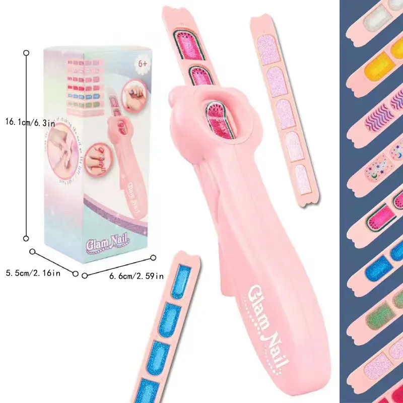 1 set of nail machine with 8 patches, children's nail machine princess girl makeup play house DIY henna nail sticker set jewelry