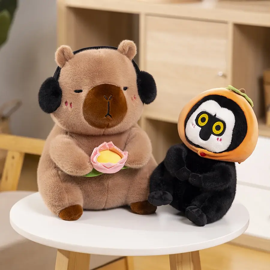 Cute Capybara Plush Toy Stuffed Animals Capybara Hold Lotus Flower White-face Monkey Soft Doll Kids Toys Birthday Christmas Gift