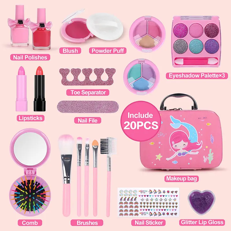 Girls Real Makeup Kit Washable Princess Play Makeup Set Kids Toys Safe Non Toxic Girls Pretend Play Birthday for Kids Gifts