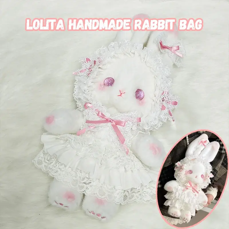 Cute Lolita Bunny Doll Bag Pastel Pink Plush Backpack Soft Toy Purse with Metal Chain for Anime Convention Gift Idea