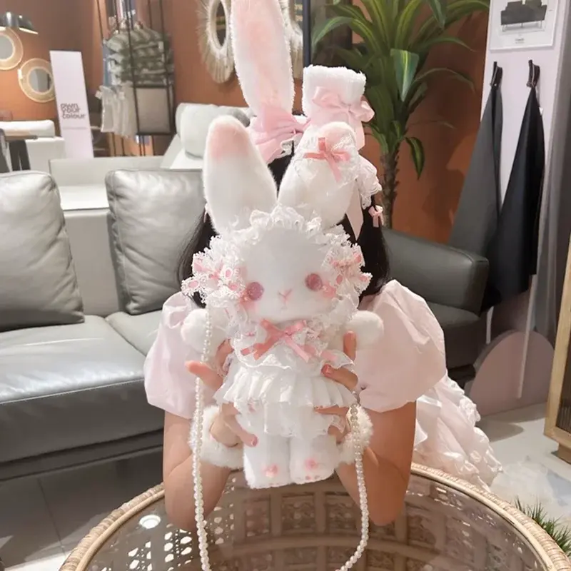 Cute Lolita Bunny Doll Bag Pastel Pink Plush Backpack Soft Toy Purse with Metal Chain for Anime Convention Gift Idea