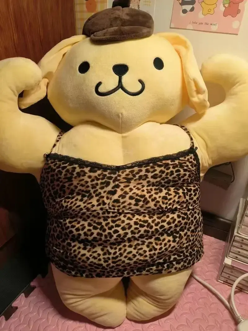 Sanrio Kawaii Hello Kitty Muscle Plush Funny Chest Muscle Abdominal Boyfriend Pillow Pom Pom Purin Doll Plush Christmas Gift