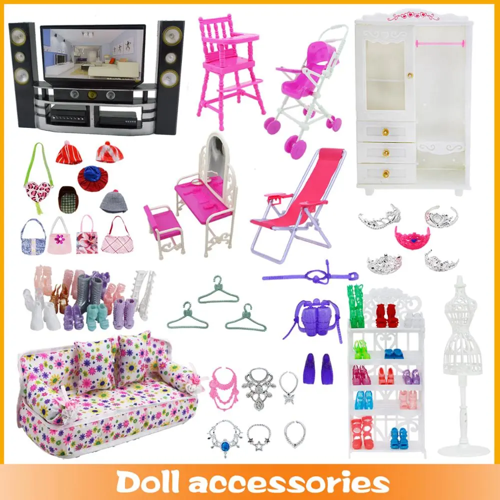 Mixed Doll Accessories Shoe Rack Pink Bed Bike Bag Sofa Dresser Display Doll Holder Dollhouse Furniture for 30cm Girl Doll Toy
