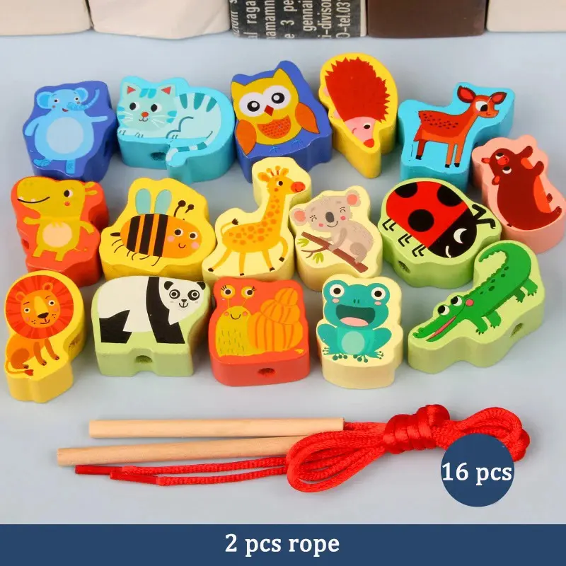 Wooden Toy 4-in-1 Fishing Game Stacking Blocks Lacing Beads Pattern Shape Matching Toys for Toddlers Kids