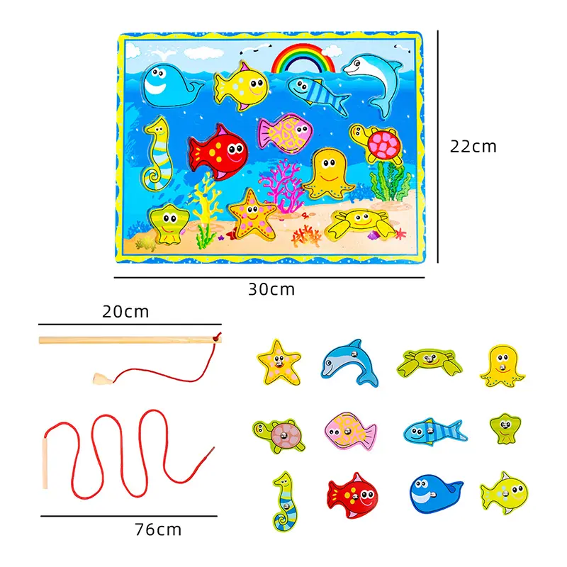 Wooden Toy 4-in-1 Fishing Game Stacking Blocks Lacing Beads Pattern Shape Matching Toys for Toddlers Kids