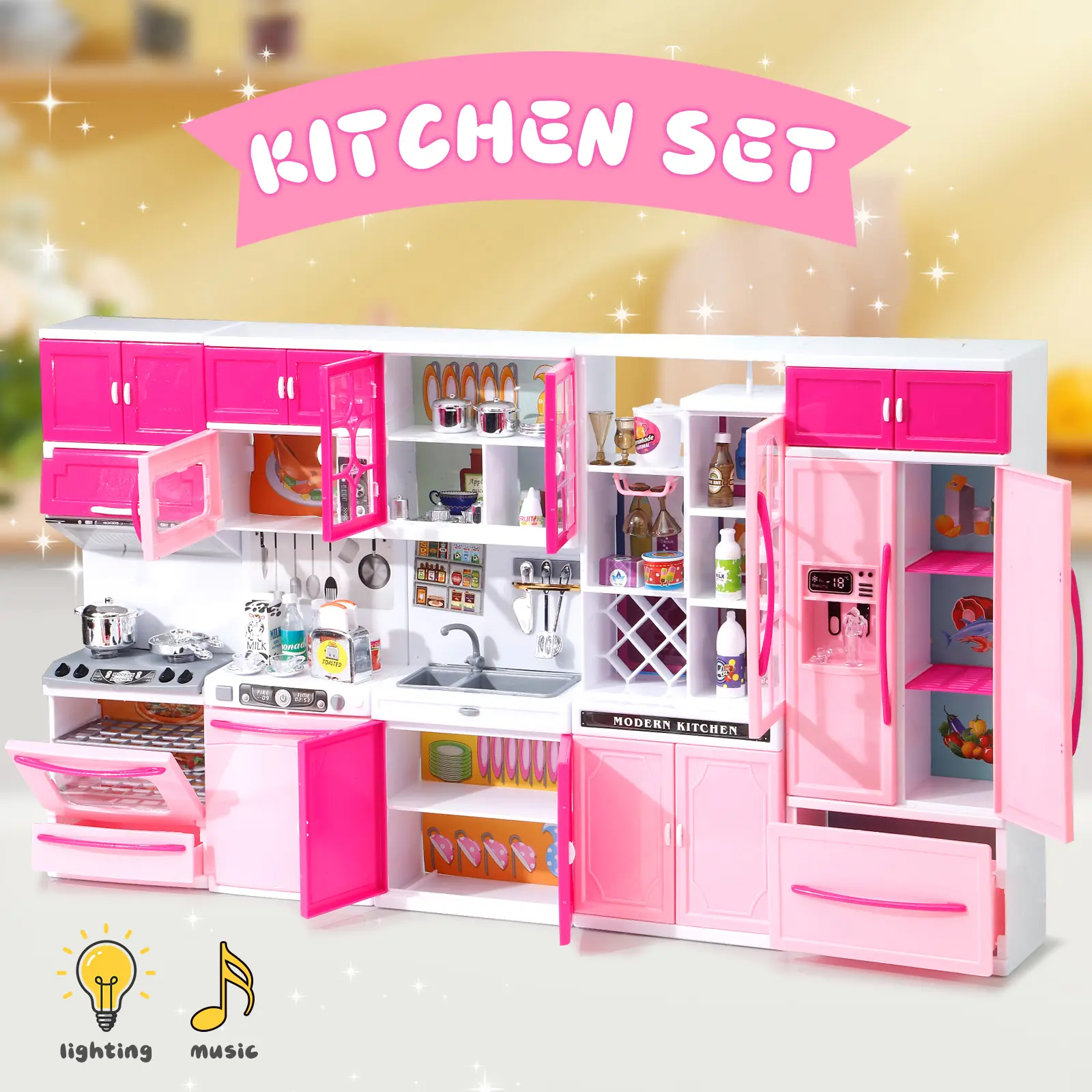Pink Kitchen Combo Pretend Play 5-Piece Toy Set with Lights and Sounds, For Girls, Christmas/Halloween/Thanksgiving/New Year