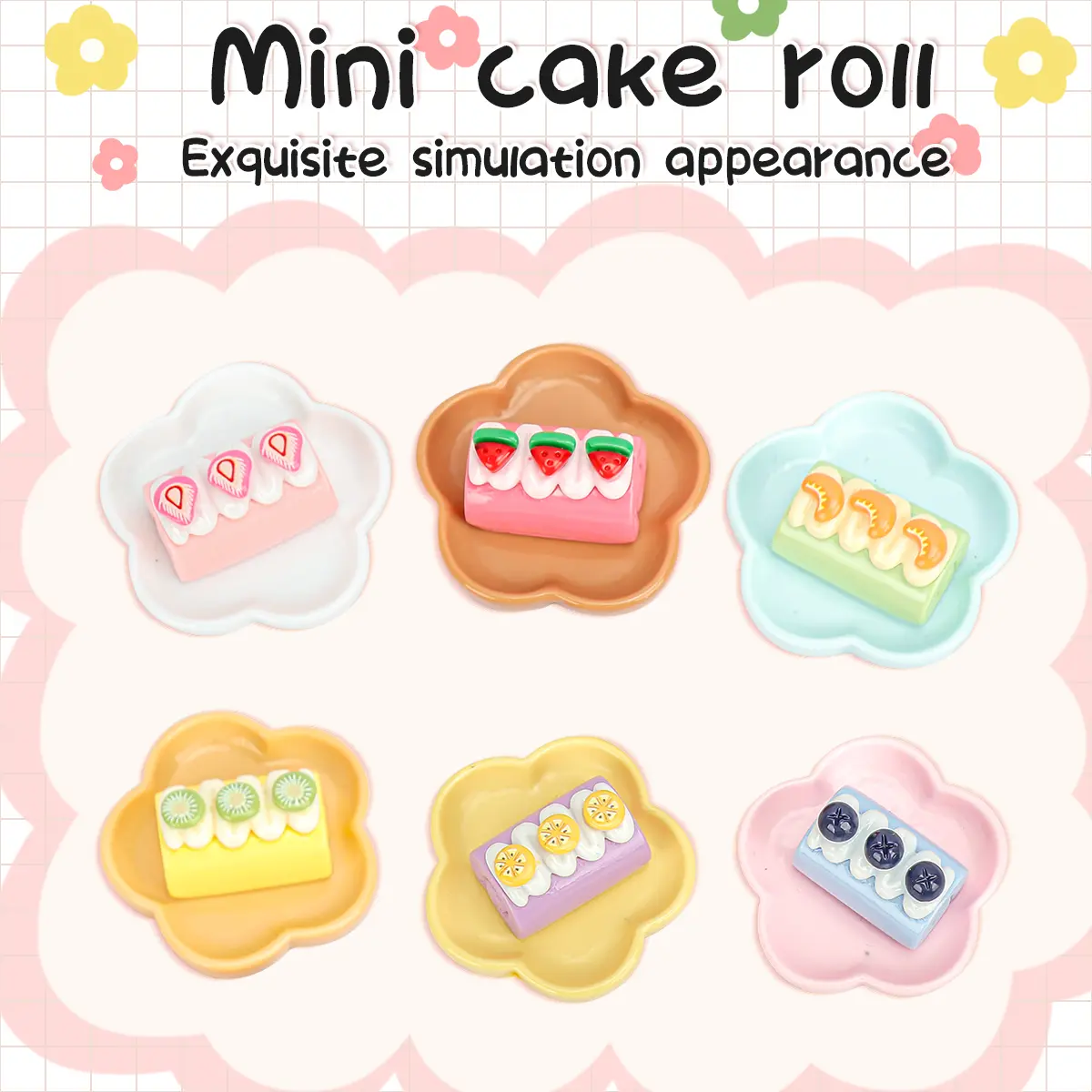 12pcs Miniature Resin Simulation Food Play Cake Roll Flower Tray Set Doll House Accessories Family Interactive Play House Toys