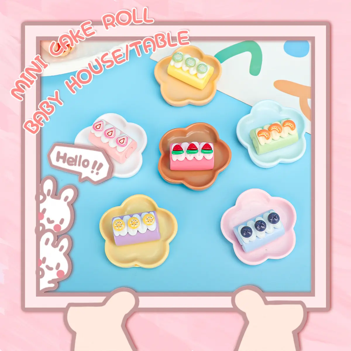 12pcs Miniature Resin Simulation Food Play Cake Roll Flower Tray Set Doll House Accessories Family Interactive Play House Toys