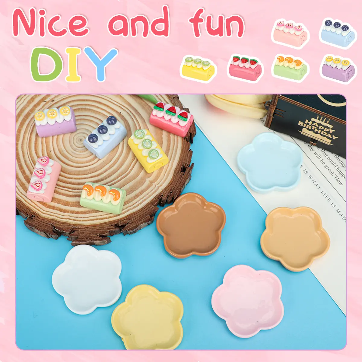 12pcs Miniature Resin Simulation Food Play Cake Roll Flower Tray Set Doll House Accessories Family Interactive Play House Toys
