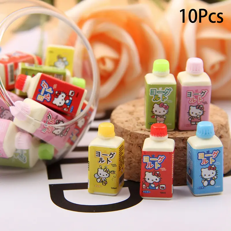 10Pcs 1:12 Dollhouse Miniature Hello Kitty Yogurt Bottle Beverage Bottles Model Decor Toy Doll House Accessories