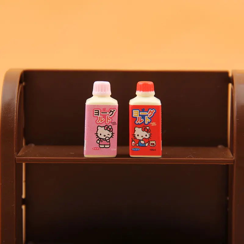 10Pcs 1:12 Dollhouse Miniature Hello Kitty Yogurt Bottle Beverage Bottles Model Decor Toy Doll House Accessories