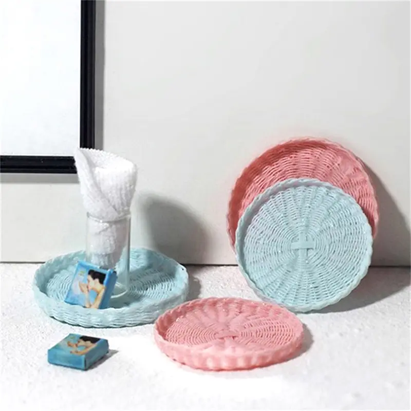 1:12 Dollhouse Miniature Simulation Plastic Rattan Woven Basket Bread/Fruit Basket Tea Cup Tray Round Oval Case Container Toy