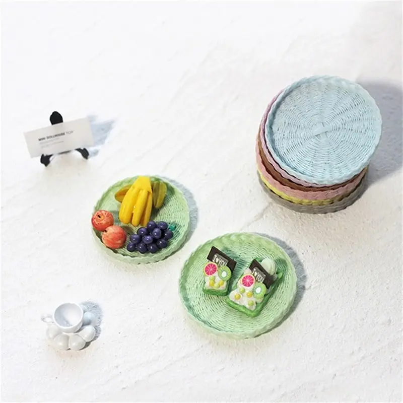 1:12 Dollhouse Miniature Simulation Plastic Rattan Woven Basket Bread/Fruit Basket Tea Cup Tray Round Oval Case Container Toy