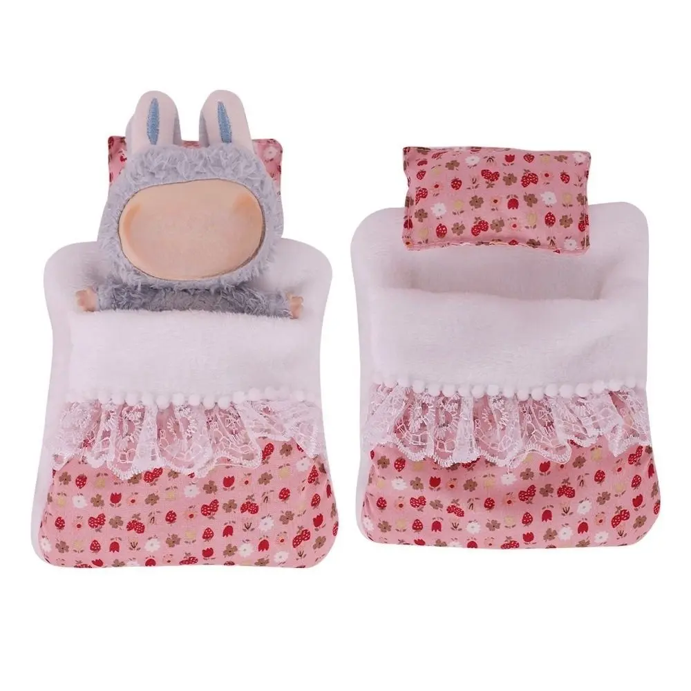 For 17cm Labubu Doll Accessories Sleeping Bag Cute Lace Style Doll Quilts Pillow Flower Strawberry Soft Doll Decoration Toys