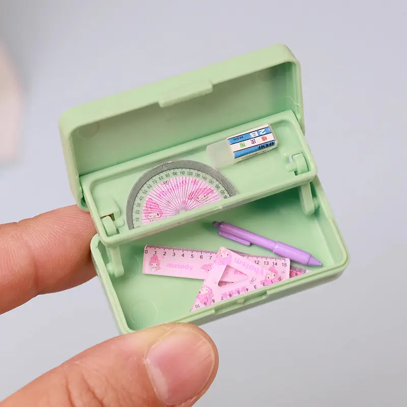 Dollhouse Miniature Stationery Pencil Case Pen Ruler Eraser Stationery Box Doll House Accessories Kid Pretend Play Toy