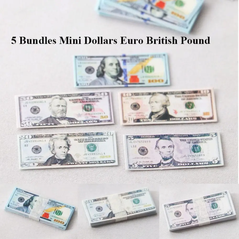 New 5 Bundles Paper Mini Dollars New 10 Styles Cute Banknotes Model 1/12 Dollhouse Toys 1/12 Dollhouse Decoration
