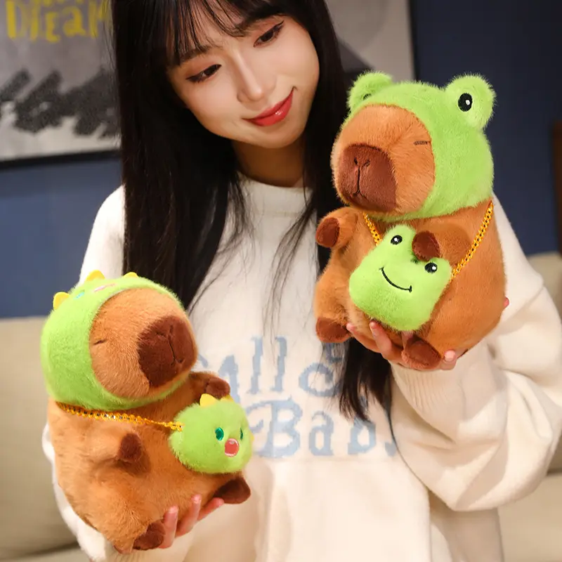 22CM Cute Capybara Plush Toy Simulation Capibara Hold Avocado French Fries Watermelon Doll Wear Turtle Lobster Dino Backpack