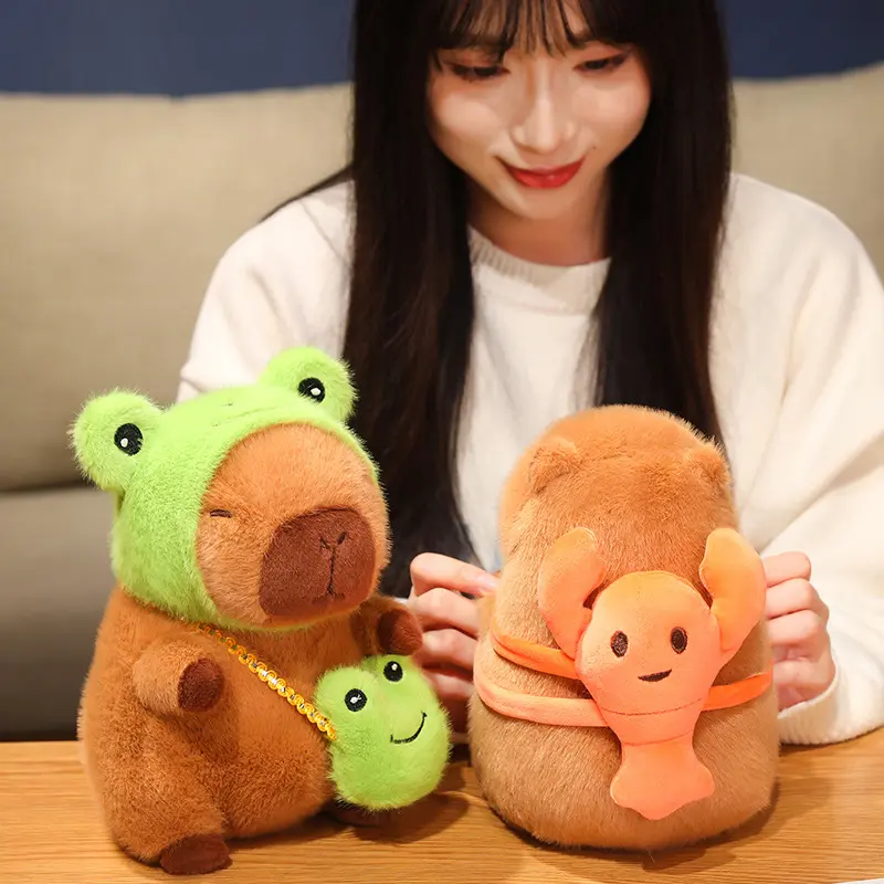 22CM Cute Capybara Plush Toy Simulation Capibara Hold Avocado French Fries Watermelon Doll Wear Turtle Lobster Dino Backpack