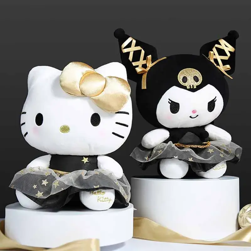 25CM New Sanrio Kawaii Black Gold Series Plush Stuffed Toy Soft Pillow Cute Kuromi Hello Kitty Birthday Gift Children's Toy