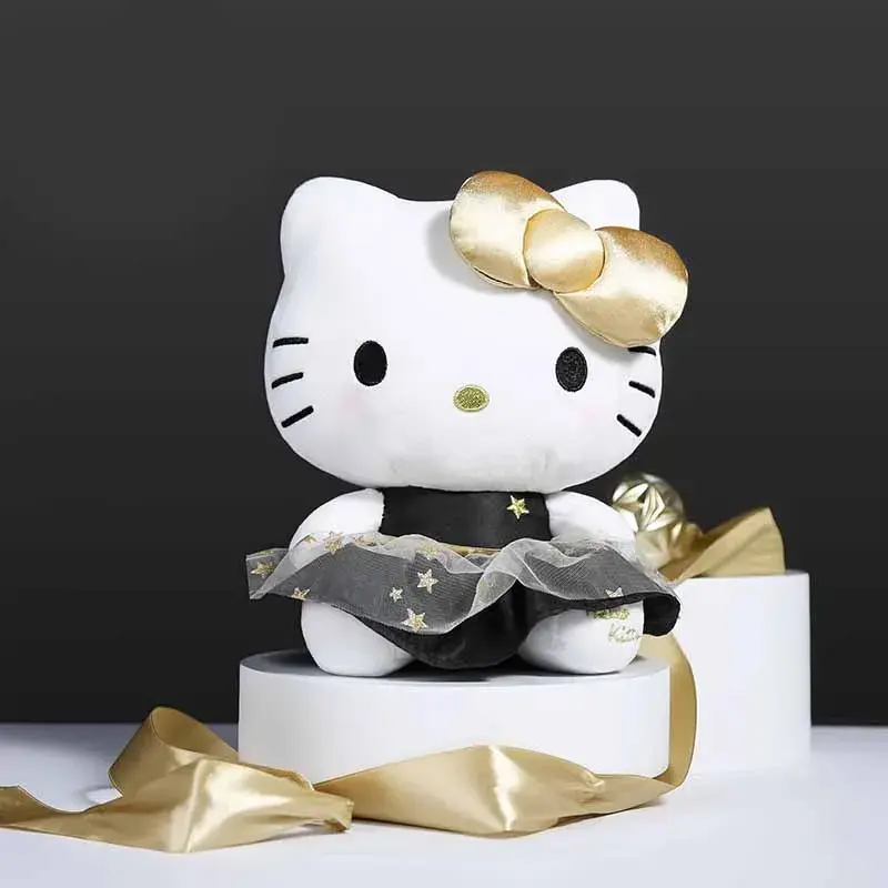 25CM New Sanrio Kawaii Black Gold Series Plush Stuffed Toy Soft Pillow Cute Kuromi Hello Kitty Birthday Gift Children's Toy