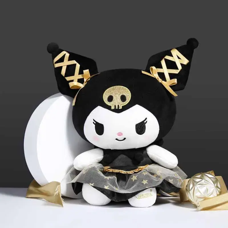25CM New Sanrio Kawaii Black Gold Series Plush Stuffed Toy Soft Pillow Cute Kuromi Hello Kitty Birthday Gift Children's Toy