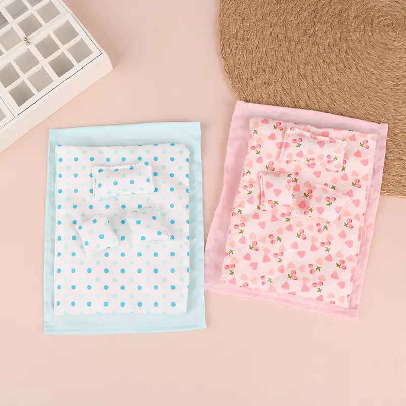 1Set 1:12 Dollhouse Miniature Bed Four Piece Bed Set Bed Sheet Quilt Pillow Quilt Cover Bedroom Bedding Model Decor Toy